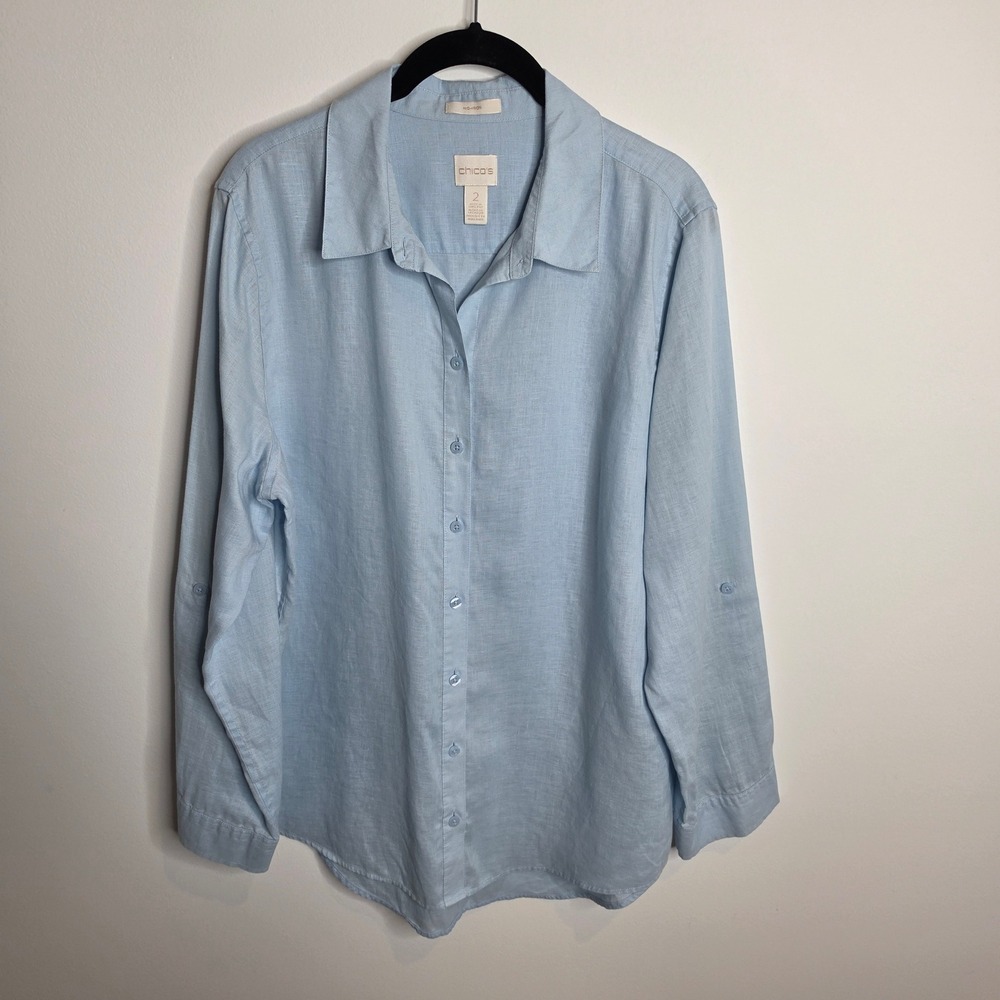 Chico's No-Iron Linen Button Down Shirt Womens 2 (Large) Light Blue Roll Tab